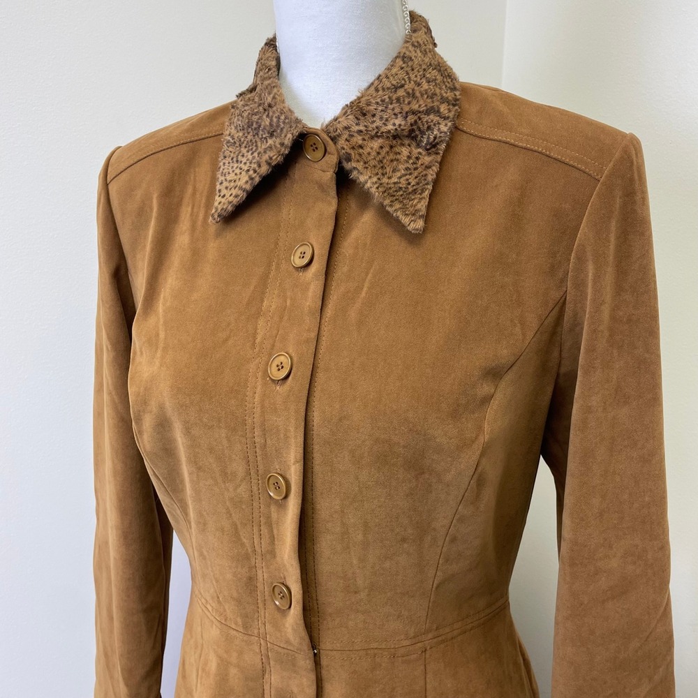 VTG Liz Claiborne Faux Suede Maxi Dress 10 Tan Brown Leopard Faux Fur Collar - Picture 4 of 16